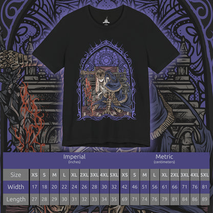 Size chart of a T-Shirt design of Prince Lorian and Prince Lothric from Dark Souls III, standing together within the ruined halls of Lothric Castle as flames and darkness surround the brothers. Lorian grips his massive greatsword while Lothric channels powerful golden sorcery from behind him. The design captures their inseparable bond, tragic fate, and the curse that bound the elder prince to his younger brother.