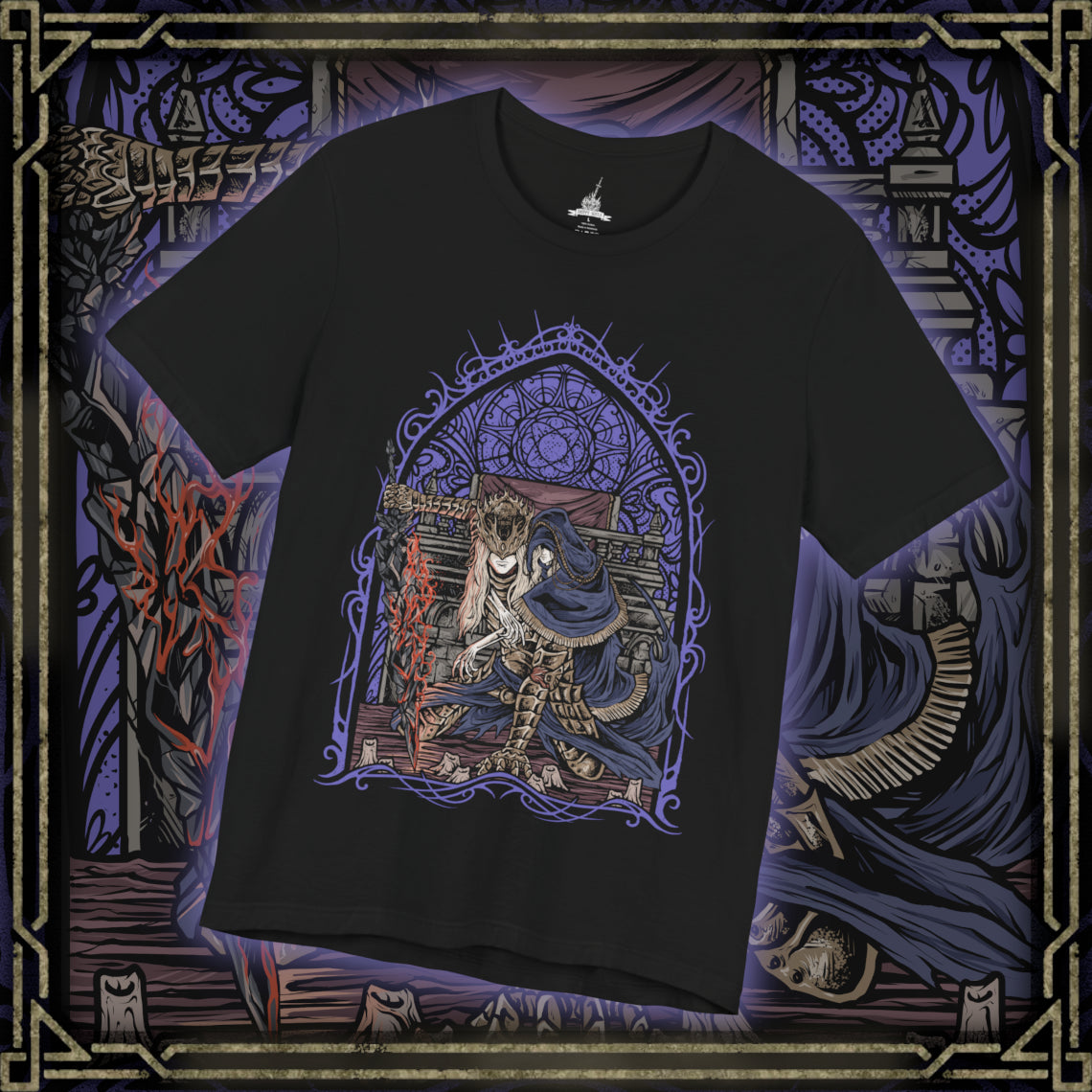 Thumbnail of a T-Shirt design of Prince Lorian and Prince Lothric from Dark Souls III, standing together within the ruined halls of Lothric Castle as flames and darkness surround the brothers. Lorian grips his massive greatsword while Lothric channels powerful golden sorcery from behind him. The design captures their inseparable bond, tragic fate, and the curse that bound the elder prince to his younger brother.