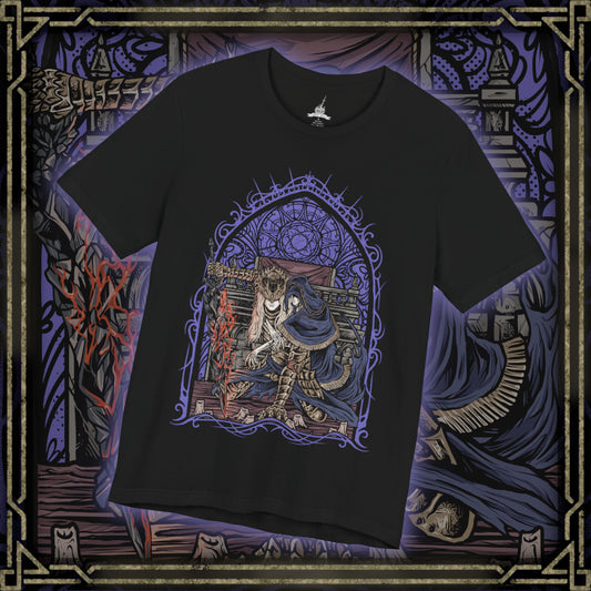 Thumbnail of a T-Shirt design of Prince Lorian and Prince Lothric from Dark Souls III, standing together within the ruined halls of Lothric Castle as flames and darkness surround the brothers. Lorian grips his massive greatsword while Lothric channels powerful golden sorcery from behind him. The design captures their inseparable bond, tragic fate, and the curse that bound the elder prince to his younger brother.