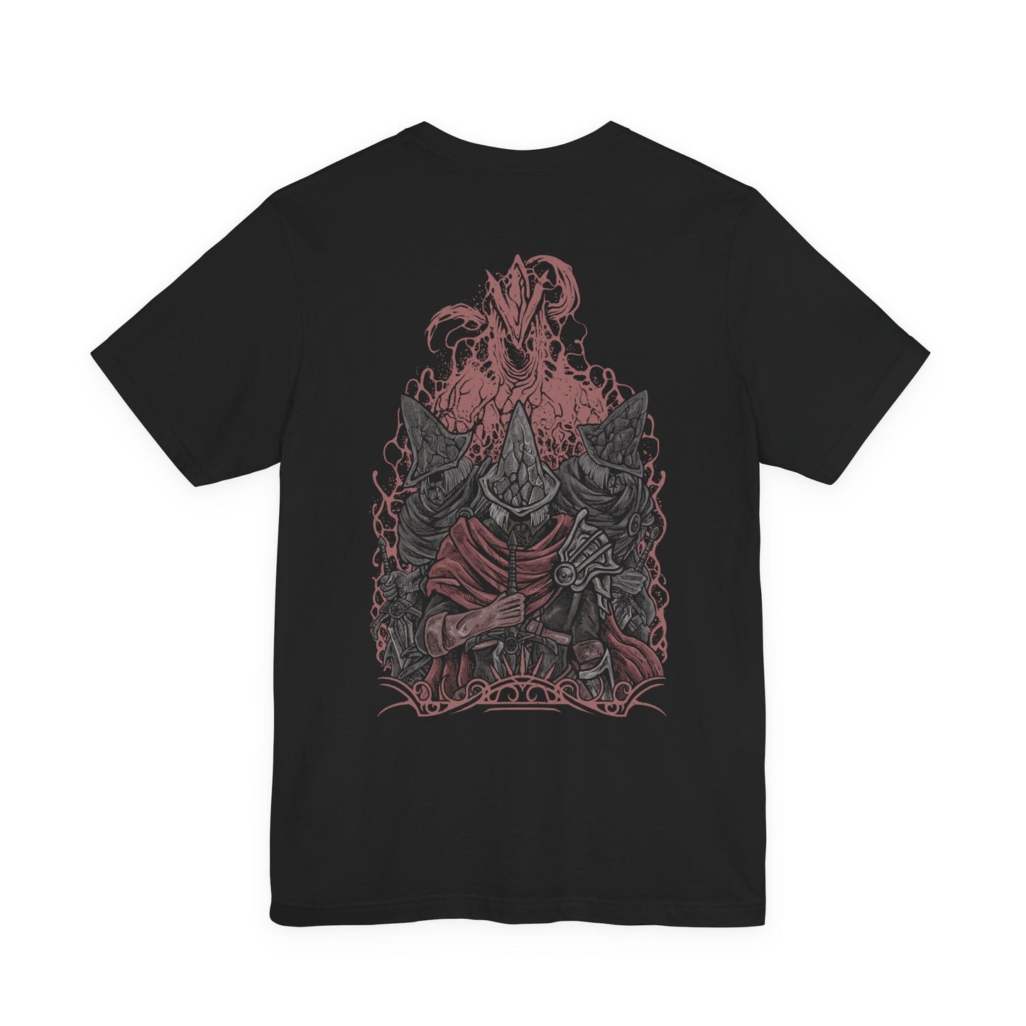 Image 5 of a T-Shirt artwork showing multiple Abyss Watchers clashing swords within the burning ruins of Farron Keep, their movements mirrored in chaotic duels. Embers drift through the air as one rises again to continue the fight. This design reflects their cursed duty, where guardians of the Abyss have become consumed by it, trapped in an eternal war against themselves.