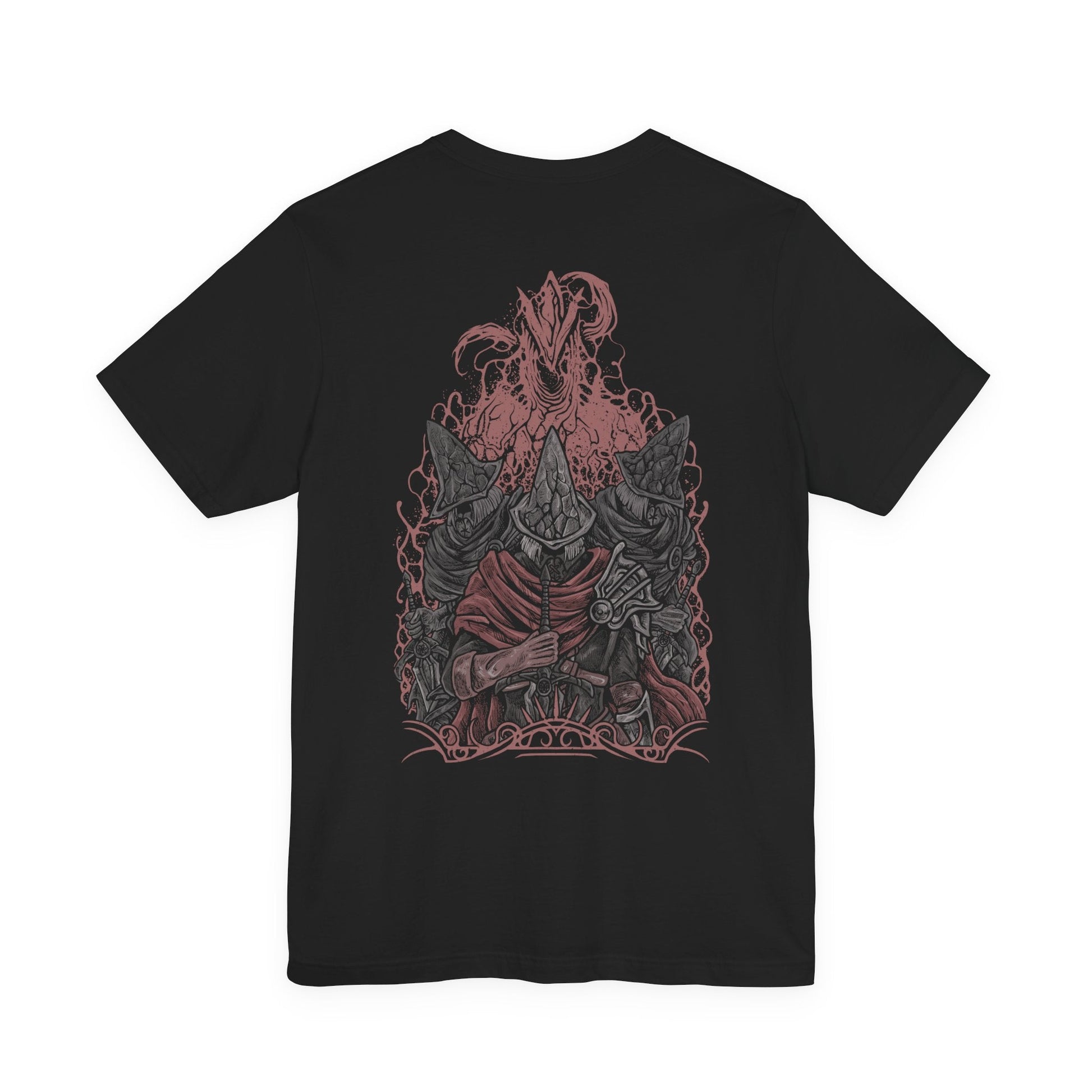Image 5 of a T-Shirt artwork showing multiple Abyss Watchers clashing swords within the burning ruins of Farron Keep, their movements mirrored in chaotic duels. Embers drift through the air as one rises again to continue the fight. This design reflects their cursed duty, where guardians of the Abyss have become consumed by it, trapped in an eternal war against themselves.