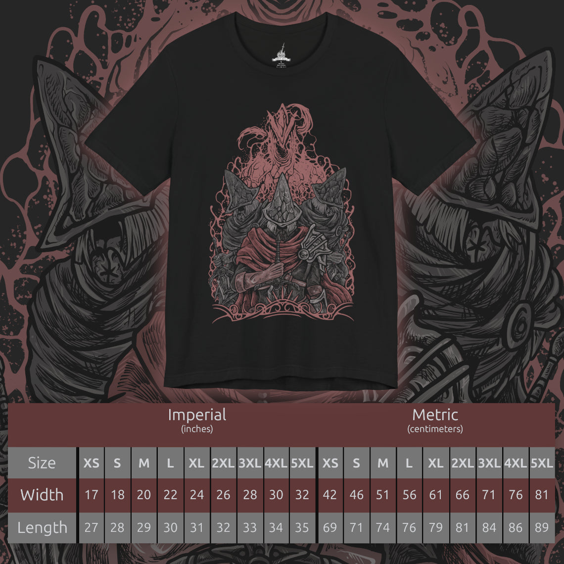Size chart of a T-Shirt artwork showing multiple Abyss Watchers clashing swords within the burning ruins of Farron Keep, their movements mirrored in chaotic duels. Embers drift through the air as one rises again to continue the fight. This design reflects their cursed duty, where guardians of the Abyss have become consumed by it, trapped in an eternal war against themselves.