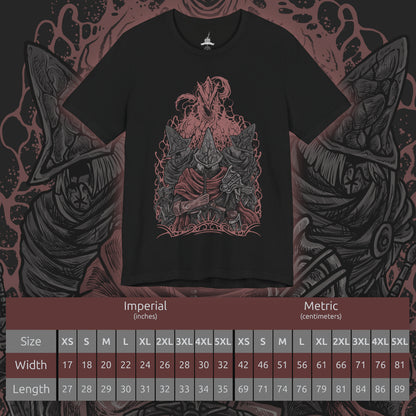 Size chart of a T-Shirt artwork showing multiple Abyss Watchers clashing swords within the burning ruins of Farron Keep, their movements mirrored in chaotic duels. Embers drift through the air as one rises again to continue the fight. This design reflects their cursed duty, where guardians of the Abyss have become consumed by it, trapped in an eternal war against themselves.