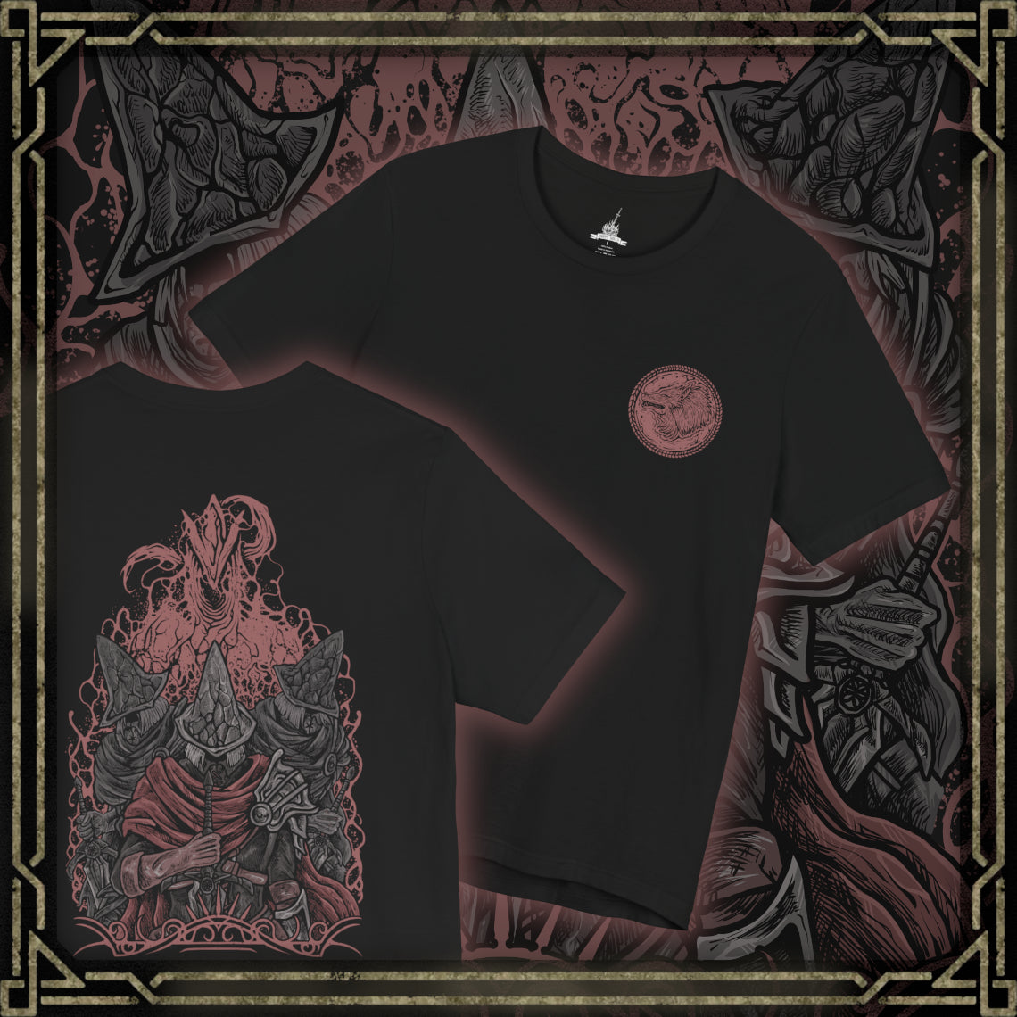 Thumbnail of a T-Shirt artwork showing multiple Abyss Watchers clashing swords within the burning ruins of Farron Keep, their movements mirrored in chaotic duels. Embers drift through the air as one rises again to continue the fight. This design reflects their cursed duty, where guardians of the Abyss have become consumed by it, trapped in an eternal war against themselves.