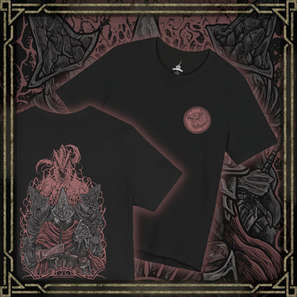 Thumbnail of a T-Shirt artwork showing multiple Abyss Watchers clashing swords within the burning ruins of Farron Keep, their movements mirrored in chaotic duels. Embers drift through the air as one rises again to continue the fight. This design reflects their cursed duty, where guardians of the Abyss have become consumed by it, trapped in an eternal war against themselves.