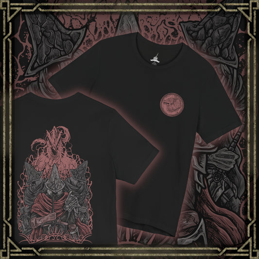 Thumbnail of a T-Shirt artwork showing multiple Abyss Watchers clashing swords within the burning ruins of Farron Keep, their movements mirrored in chaotic duels. Embers drift through the air as one rises again to continue the fight. This design reflects their cursed duty, where guardians of the Abyss have become consumed by it, trapped in an eternal war against themselves.