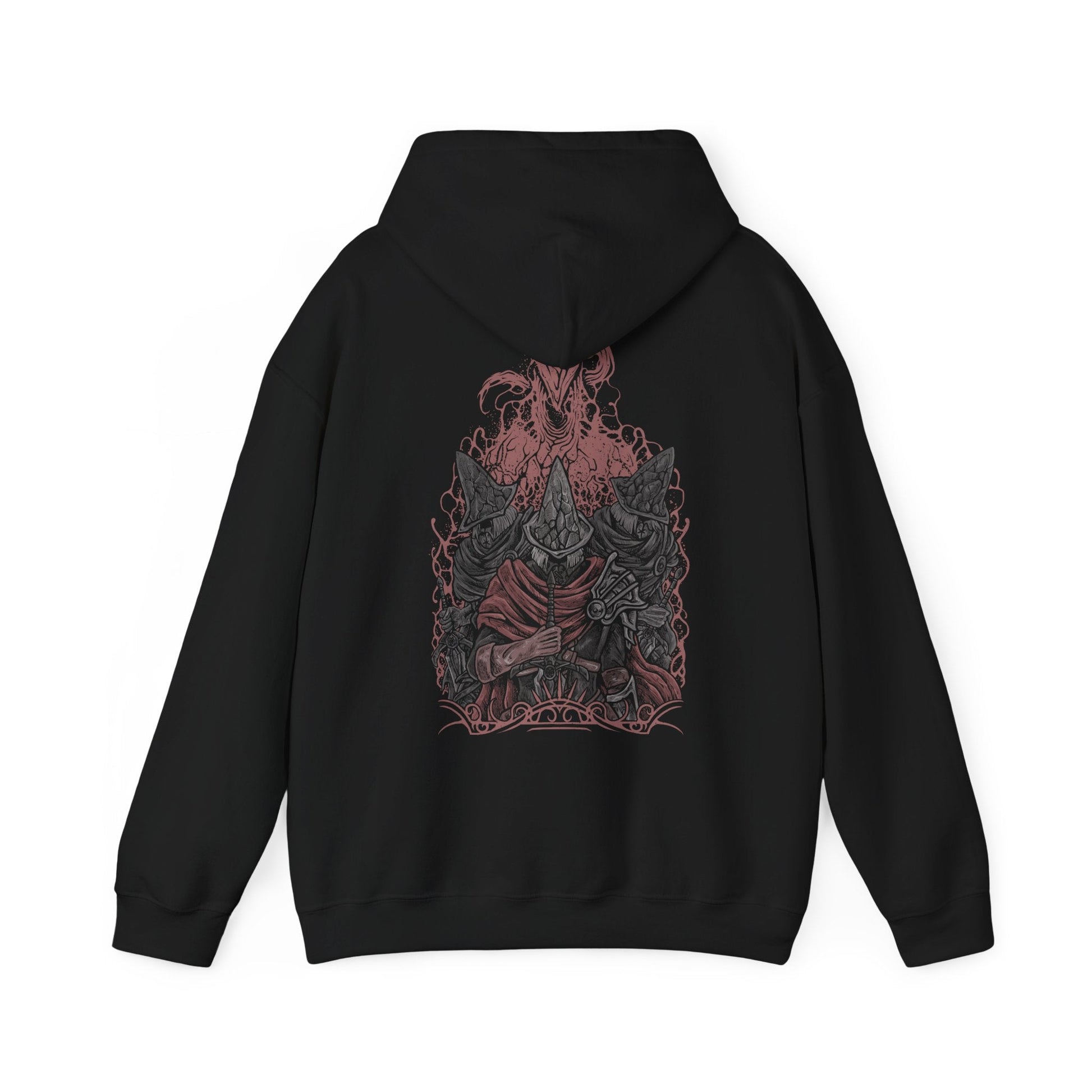 Image 5 of a Hooded Sweatshirt of the Abyss Watchers standing amid a field of fallen warriors, one igniting their blade with fire as the Abyss seeps through the ground. Dark mist and cinders surround their worn armor, symbolizing their endless vigilance. The composition emphasizes loyalty, corruption, and the haunting legacy of a legion that sacrificed everything to hold back the darkness.