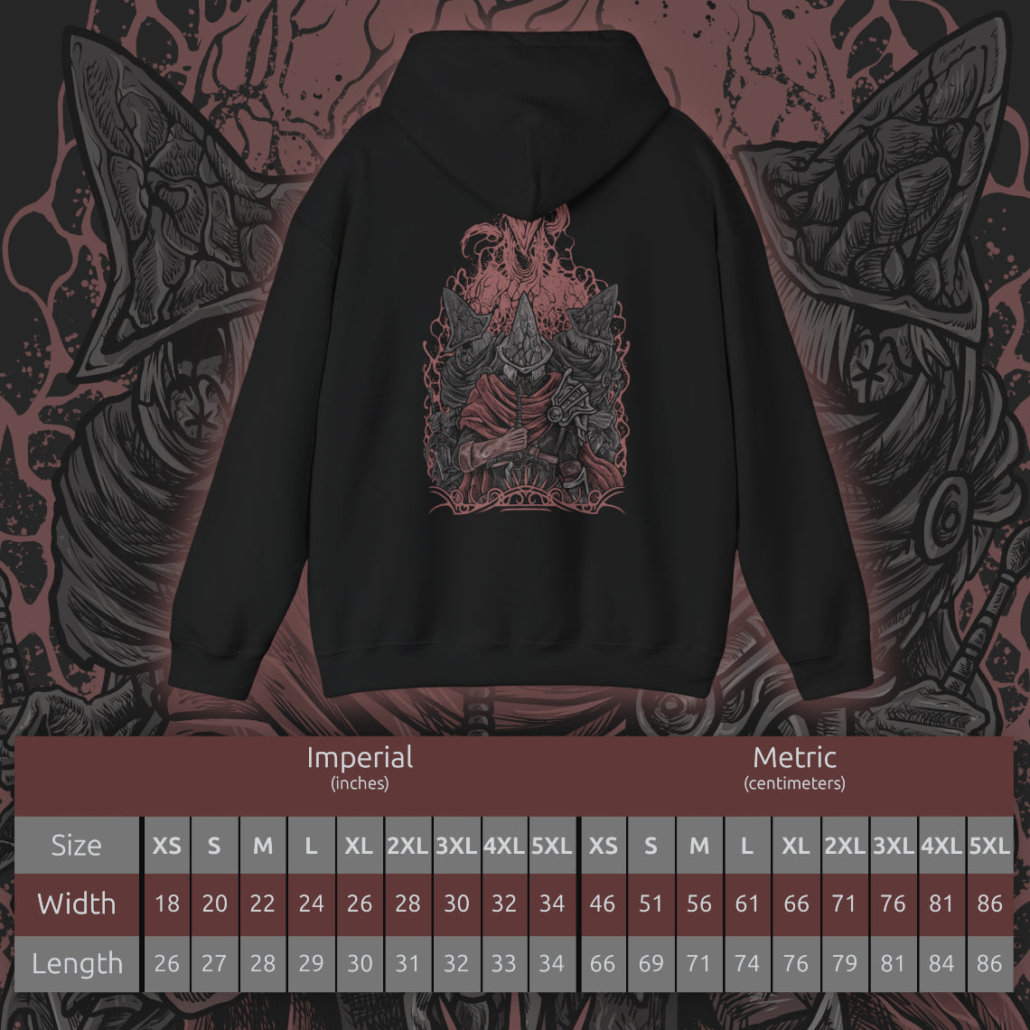 Size chart of a Hooded Sweatshirt of the Abyss Watchers standing amid a field of fallen warriors, one igniting their blade with fire as the Abyss seeps through the ground. Dark mist and cinders surround their worn armor, symbolizing their endless vigilance. The composition emphasizes loyalty, corruption, and the haunting legacy of a legion that sacrificed everything to hold back the darkness.