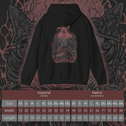 Size chart of a Hooded Sweatshirt of the Abyss Watchers standing amid a field of fallen warriors, one igniting their blade with fire as the Abyss seeps through the ground. Dark mist and cinders surround their worn armor, symbolizing their endless vigilance. The composition emphasizes loyalty, corruption, and the haunting legacy of a legion that sacrificed everything to hold back the darkness.