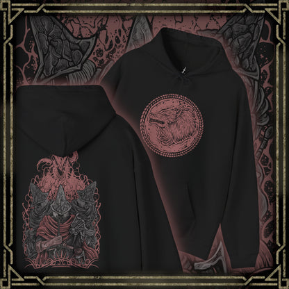 Thumbnail of a Hooded Sweatshirt of the Abyss Watchers standing amid a field of fallen warriors, one igniting their blade with fire as the Abyss seeps through the ground. Dark mist and cinders surround their worn armor, symbolizing their endless vigilance. The composition emphasizes loyalty, corruption, and the haunting legacy of a legion that sacrificed everything to hold back the darkness.