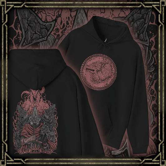 Thumbnail of a Hooded Sweatshirt of the Abyss Watchers standing amid a field of fallen warriors, one igniting their blade with fire as the Abyss seeps through the ground. Dark mist and cinders surround their worn armor, symbolizing their endless vigilance. The composition emphasizes loyalty, corruption, and the haunting legacy of a legion that sacrificed everything to hold back the darkness.