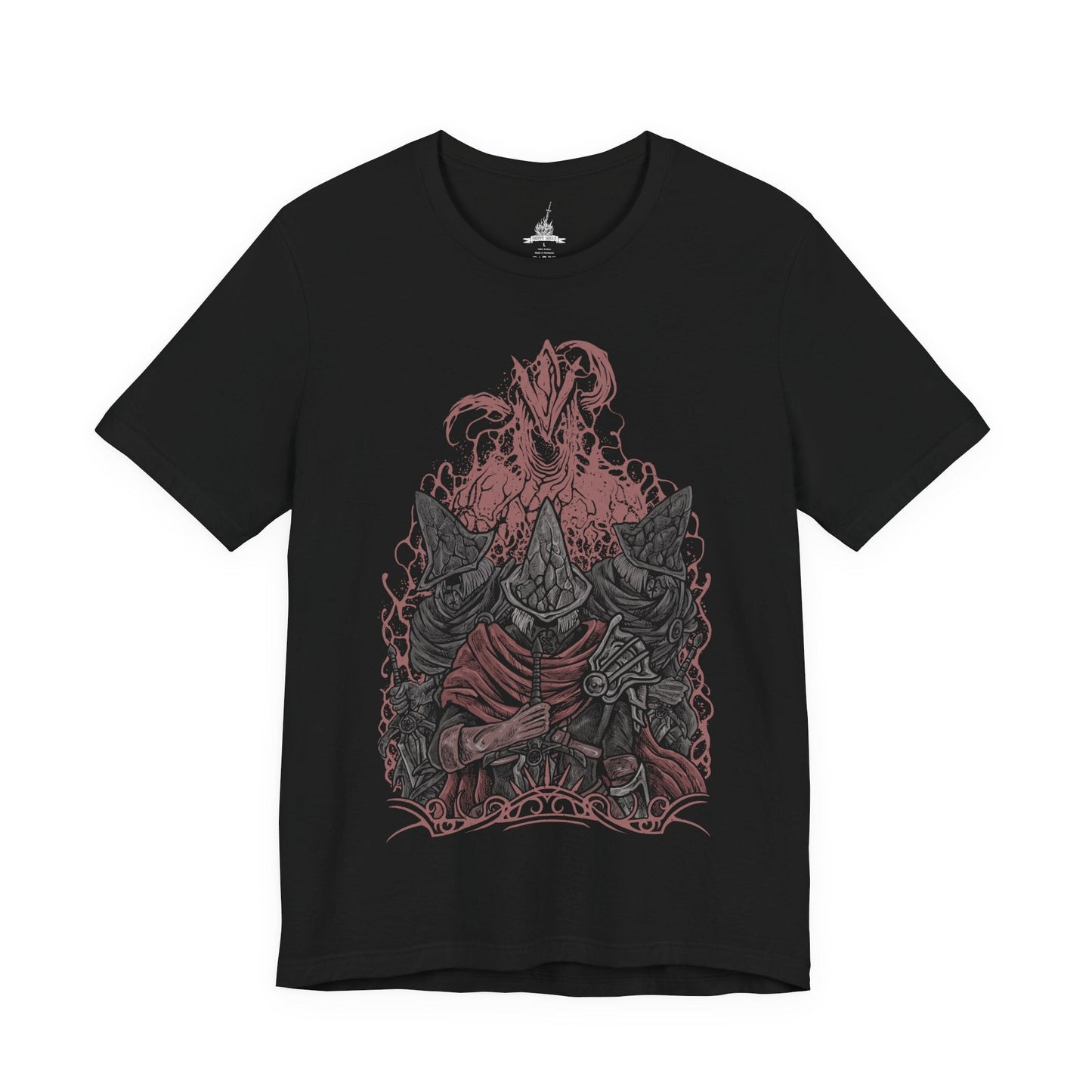 Image 4 of a T-Shirt design of the Undead Legion of Farron from Dark Souls III, depicting the Abyss Watchers locked in endless combat among themselves as flames and ash swirl across a ruined battlefield. Their tattered cloaks and wolf-crested armor glow in the firelight, embodying their oath to contain the Abyss. The design captures sacrifice, madness, and the tragic cycle of warriors bound to fight forever.