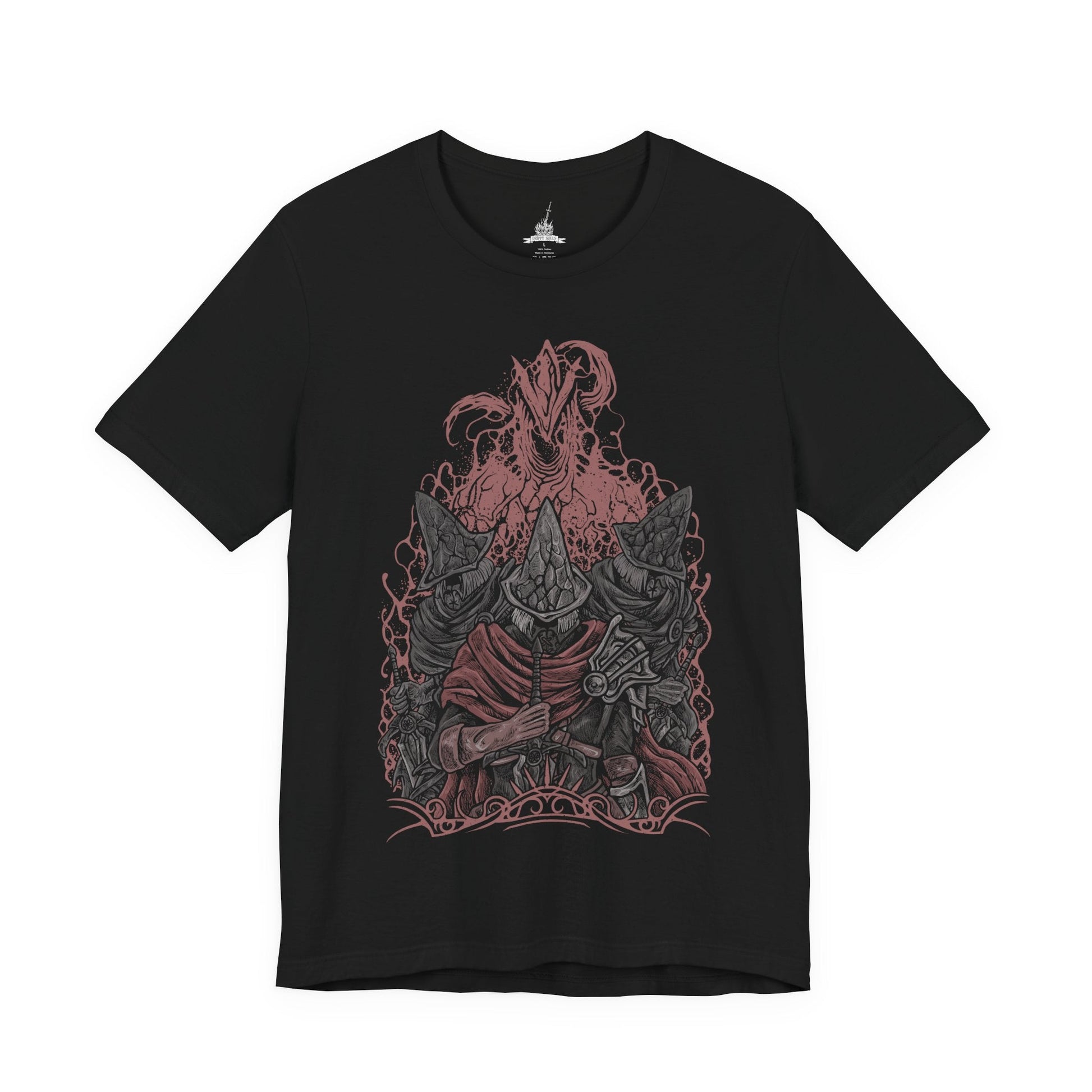Image 4 of a T-Shirt design of the Undead Legion of Farron from Dark Souls III, depicting the Abyss Watchers locked in endless combat among themselves as flames and ash swirl across a ruined battlefield. Their tattered cloaks and wolf-crested armor glow in the firelight, embodying their oath to contain the Abyss. The design captures sacrifice, madness, and the tragic cycle of warriors bound to fight forever.