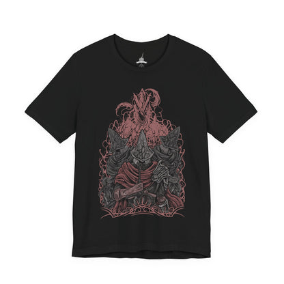 Image 4 of a T-Shirt design of the Undead Legion of Farron from Dark Souls III, depicting the Abyss Watchers locked in endless combat among themselves as flames and ash swirl across a ruined battlefield. Their tattered cloaks and wolf-crested armor glow in the firelight, embodying their oath to contain the Abyss. The design captures sacrifice, madness, and the tragic cycle of warriors bound to fight forever.