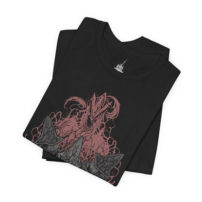 Image 5 of a T-Shirt design of the Undead Legion of Farron from Dark Souls III, depicting the Abyss Watchers locked in endless combat among themselves as flames and ash swirl across a ruined battlefield. Their tattered cloaks and wolf-crested armor glow in the firelight, embodying their oath to contain the Abyss. The design captures sacrifice, madness, and the tragic cycle of warriors bound to fight forever.