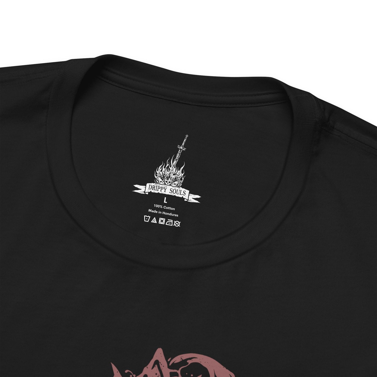 Folded T-Shirt design of the Undead Legion of Farron from Dark Souls III, depicting the Abyss Watchers locked in endless combat among themselves as flames and ash swirl across a ruined battlefield. Their tattered cloaks and wolf-crested armor glow in the firelight, embodying their oath to contain the Abyss. The design captures sacrifice, madness, and the tragic cycle of warriors bound to fight forever.
