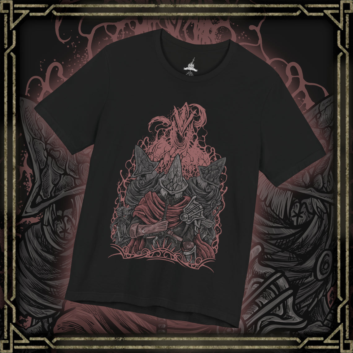 Thumbnail of a T-Shirt design of the Undead Legion of Farron from Dark Souls III, depicting the Abyss Watchers locked in endless combat among themselves as flames and ash swirl across a ruined battlefield. Their tattered cloaks and wolf-crested armor glow in the firelight, embodying their oath to contain the Abyss. The design captures sacrifice, madness, and the tragic cycle of warriors bound to fight forever.