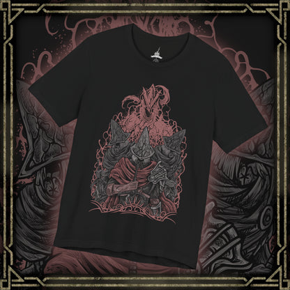 Thumbnail of a T-Shirt design of the Undead Legion of Farron from Dark Souls III, depicting the Abyss Watchers locked in endless combat among themselves as flames and ash swirl across a ruined battlefield. Their tattered cloaks and wolf-crested armor glow in the firelight, embodying their oath to contain the Abyss. The design captures sacrifice, madness, and the tragic cycle of warriors bound to fight forever.