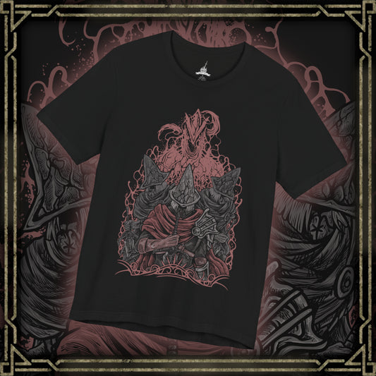 Thumbnail of a T-Shirt design of the Undead Legion of Farron from Dark Souls III, depicting the Abyss Watchers locked in endless combat among themselves as flames and ash swirl across a ruined battlefield. Their tattered cloaks and wolf-crested armor glow in the firelight, embodying their oath to contain the Abyss. The design captures sacrifice, madness, and the tragic cycle of warriors bound to fight forever.