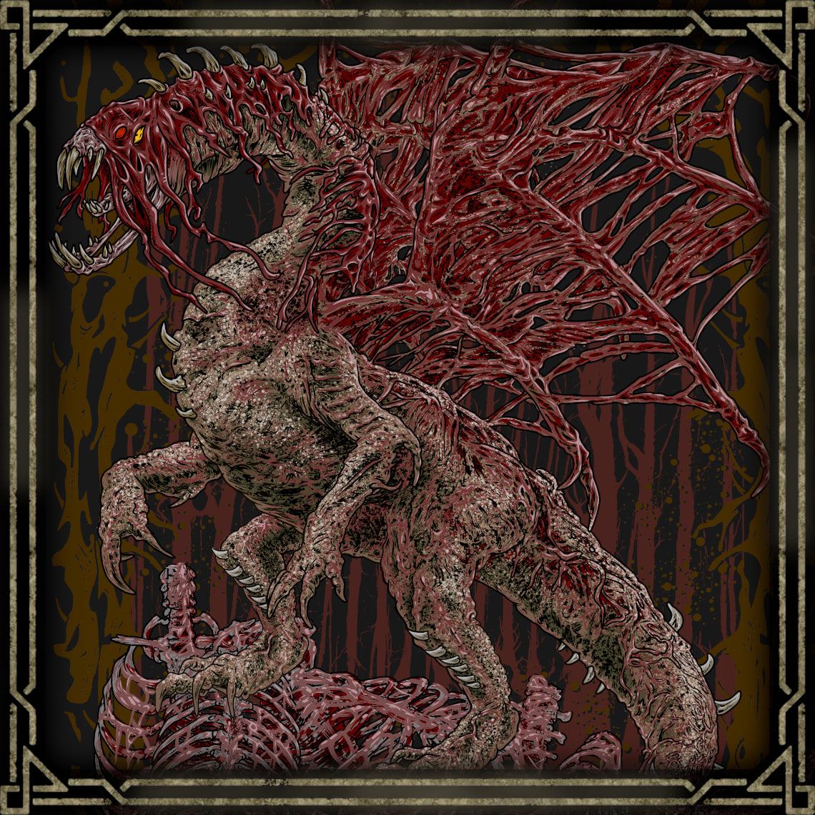 Artwork of Val Hazaak the Effluvium Dragon. Vaal Hazak is an Elder Dragon that dwells deep within the Rotten Vale in Monster Hunter World, feeding upon the corpses and effluvium that fill the valley. Its body is covered in decaying tissue and the remains of other creatures, giving it a uniquely grotesque appearance. The Blackveil variant encountered in Iceborne is even more dangerous, surrounded by dense spores and clouds of deadly effluvium.