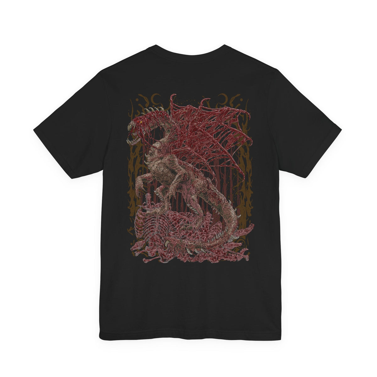 Image 5 of a T-Shirt artwork depicting Vaal Hazak from Monster Hunter World emerging from the corpse-filled depths of the Rotten Vale. Decaying flesh covers the Elder Dragon's body while dense clouds of effluvium swirl around its enormous frame. Dark atmospheric lighting reveals its skull-like features and sinister silhouette, emphasizing the monster's grotesque nature and deadly environment.