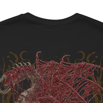 Image 7 of a T-Shirt artwork depicting Vaal Hazak from Monster Hunter World emerging from the corpse-filled depths of the Rotten Vale. Decaying flesh covers the Elder Dragon's body while dense clouds of effluvium swirl around its enormous frame. Dark atmospheric lighting reveals its skull-like features and sinister silhouette, emphasizing the monster's grotesque nature and deadly environment.