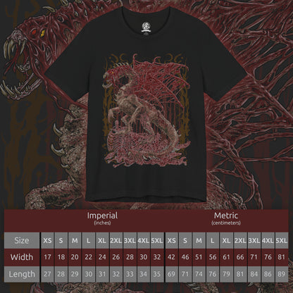 Size chart of a T-Shirt artwork depicting Vaal Hazak from Monster Hunter World emerging from the corpse-filled depths of the Rotten Vale. Decaying flesh covers the Elder Dragon's body while dense clouds of effluvium swirl around its enormous frame. Dark atmospheric lighting reveals its skull-like features and sinister silhouette, emphasizing the monster's grotesque nature and deadly environment.