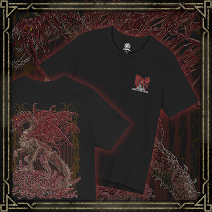 Thumbnail of a T-Shirt artwork depicting Vaal Hazak from Monster Hunter World emerging from the corpse-filled depths of the Rotten Vale. Decaying flesh covers the Elder Dragon's body while dense clouds of effluvium swirl around its enormous frame. Dark atmospheric lighting reveals its skull-like features and sinister silhouette, emphasizing the monster's grotesque nature and deadly environment.
