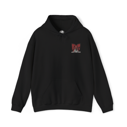 Image 4 of a Hooded Sweatshirt of Vaal Hazak dominating the depths of the Rotten Vale, its enormous body covered in decaying tissue and skeletal remains as thick effluvium surrounds the Elder Dragon. Dark mist rises from the corpse-covered ground while spores and poisonous clouds spread through the cavern. The composition emphasizes Vaal Hazak's grotesque appearance, deadly aura, and connection to the cycle of decay.
