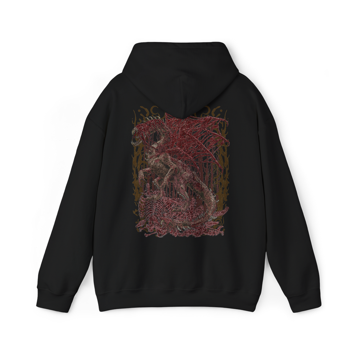 Image 5 of a Hooded Sweatshirt of Vaal Hazak dominating the depths of the Rotten Vale, its enormous body covered in decaying tissue and skeletal remains as thick effluvium surrounds the Elder Dragon. Dark mist rises from the corpse-covered ground while spores and poisonous clouds spread through the cavern. The composition emphasizes Vaal Hazak's grotesque appearance, deadly aura, and connection to the cycle of decay.