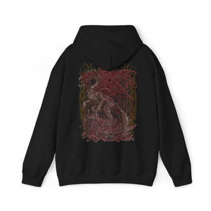 Image 5 of a Hooded Sweatshirt of Vaal Hazak dominating the depths of the Rotten Vale, its enormous body covered in decaying tissue and skeletal remains as thick effluvium surrounds the Elder Dragon. Dark mist rises from the corpse-covered ground while spores and poisonous clouds spread through the cavern. The composition emphasizes Vaal Hazak's grotesque appearance, deadly aura, and connection to the cycle of decay.