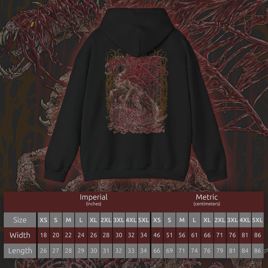 Size chart of a Hooded Sweatshirt of Vaal Hazak dominating the depths of the Rotten Vale, its enormous body covered in decaying tissue and skeletal remains as thick effluvium surrounds the Elder Dragon. Dark mist rises from the corpse-covered ground while spores and poisonous clouds spread through the cavern. The composition emphasizes Vaal Hazak's grotesque appearance, deadly aura, and connection to the cycle of decay.