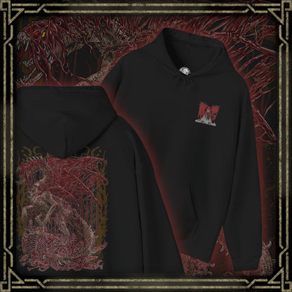 Thumbnail of a Hooded Sweatshirt of Vaal Hazak dominating the depths of the Rotten Vale, its enormous body covered in decaying tissue and skeletal remains as thick effluvium surrounds the Elder Dragon. Dark mist rises from the corpse-covered ground while spores and poisonous clouds spread through the cavern. The composition emphasizes Vaal Hazak's grotesque appearance, deadly aura, and connection to the cycle of decay.