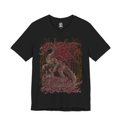 Image 4 of a T-Shirt design of Vaal Hazak from Monster Hunter World, the grotesque Elder Dragon emerging from the depths of the Rotten Vale surrounded by thick effluvium and decaying remains. Dark mist and skeletal fragments cover its body as the monster prepares to unleash its deadly aura. The design captures Vaal Hazak's horrifying appearance, poisonous environment, and connection to the Rotten Vale.