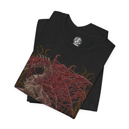 Image 5 of a T-Shirt design of Vaal Hazak from Monster Hunter World, the grotesque Elder Dragon emerging from the depths of the Rotten Vale surrounded by thick effluvium and decaying remains. Dark mist and skeletal fragments cover its body as the monster prepares to unleash its deadly aura. The design captures Vaal Hazak's horrifying appearance, poisonous environment, and connection to the Rotten Vale.