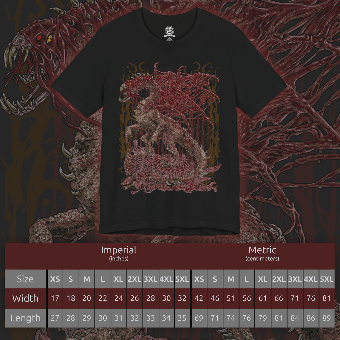 Size chart of a T-Shirt design of Vaal Hazak from Monster Hunter World, the grotesque Elder Dragon emerging from the depths of the Rotten Vale surrounded by thick effluvium and decaying remains. Dark mist and skeletal fragments cover its body as the monster prepares to unleash its deadly aura. The design captures Vaal Hazak's horrifying appearance, poisonous environment, and connection to the Rotten Vale.