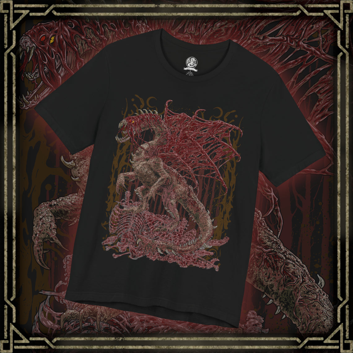 Thumbnail of a T-Shirt design of Vaal Hazak from Monster Hunter World, the grotesque Elder Dragon emerging from the depths of the Rotten Vale surrounded by thick effluvium and decaying remains. Dark mist and skeletal fragments cover its body as the monster prepares to unleash its deadly aura. The design captures Vaal Hazak's horrifying appearance, poisonous environment, and connection to the Rotten Vale.