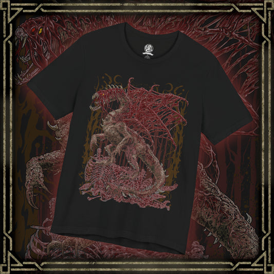 Thumbnail of a T-Shirt design of Vaal Hazak from Monster Hunter World, the grotesque Elder Dragon emerging from the depths of the Rotten Vale surrounded by thick effluvium and decaying remains. Dark mist and skeletal fragments cover its body as the monster prepares to unleash its deadly aura. The design captures Vaal Hazak's horrifying appearance, poisonous environment, and connection to the Rotten Vale.