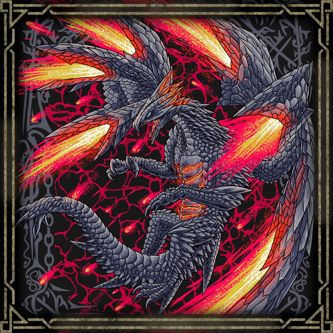 Artwork of Valstrax the Sky Comet Dragon. Valstrax is a legendary Elder Dragon recognized for its extraordinary speed and ability to propel itself through the sky using powerful jets of dragon energy released from its wings. Its distinctive wing structure allows it to transform its limbs into powerful thrusting weapons, launching devastating attacks against anything that threatens it.