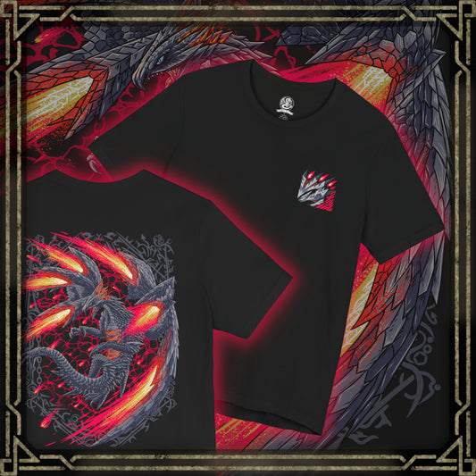 Thumbnail of a Double-sided T-Shirt artwork featuring Valstrax from Monster Hunter, showcasing the Elder Dragon with its enormous mechanical-looking wings extended into crimson energy-powered jets. The composition highlights its sharp metallic scales, streamlined body, and explosive aerial movement as red dragon energy illuminates the sky around it. Inspired by Valstrax's legendary speed and devastating dive attacks, the design celebrates the Jet Dragon's imposing presence.