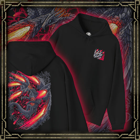 Thumbnail of a Hooded Sweatshirt design of Valstrax from the Monster Hunter series, portraying the powerful Jet Dragon with its enormous blade-like wings spread wide as crimson dragon energy erupts around its metallic body. Red energy trails and explosive light emphasize its incredible speed and signature aerial attacks, creating the impression of a living comet descending from the sky.