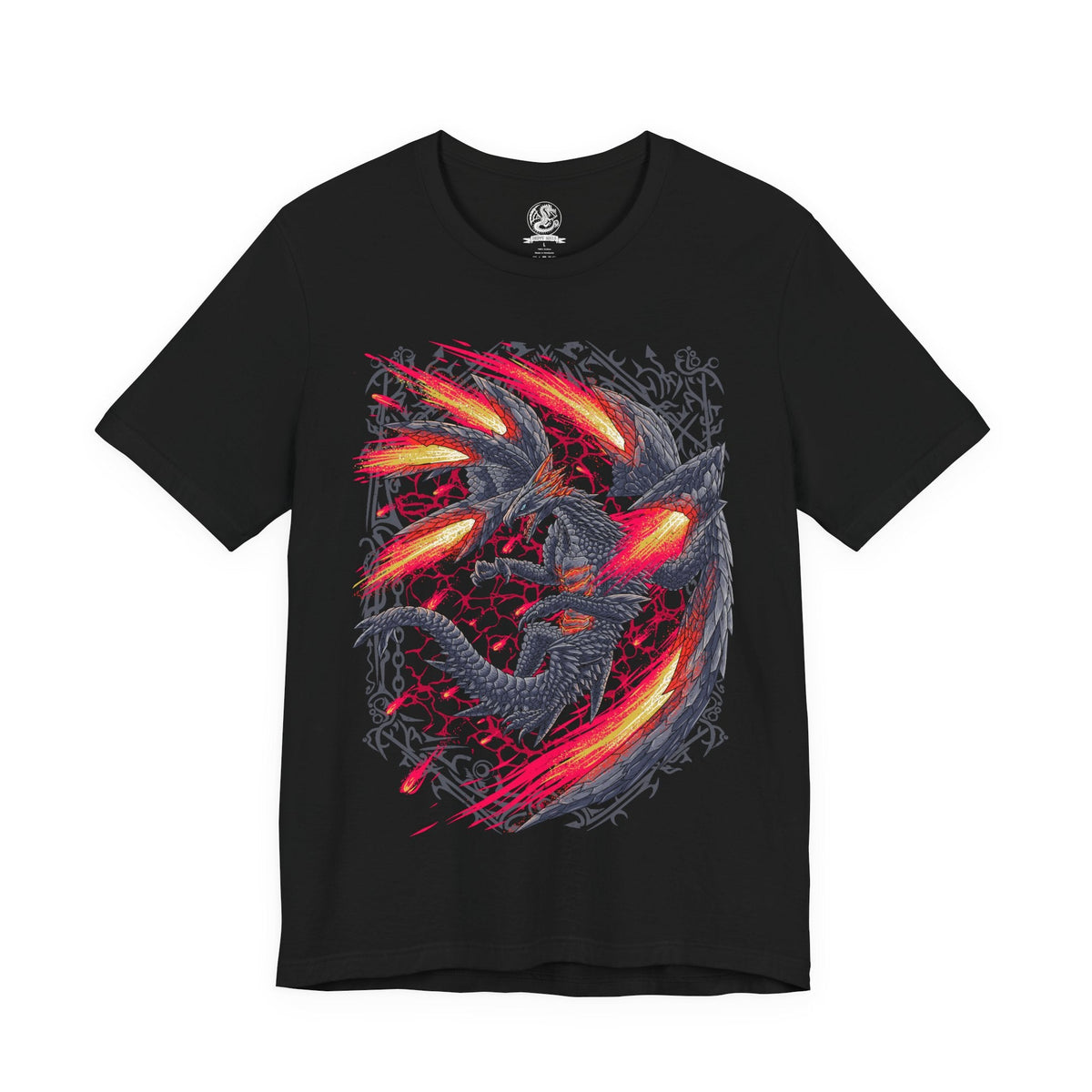Image 4 of a T-Shirt design of Valstrax from the Monster Hunter series, depicting the majestic Jet Dragon with its enormous metallic wings spread like crimson-powered jet engines. Dragon energy gathers around its wing blades as it prepares to launch into the sky at incredible speed, leaving streaks of red light and explosive energy behind its armored body. The artwork captures Valstrax's aerodynamic silhouette as the Crimson Comet among Monster Hunter Elder Dragons.