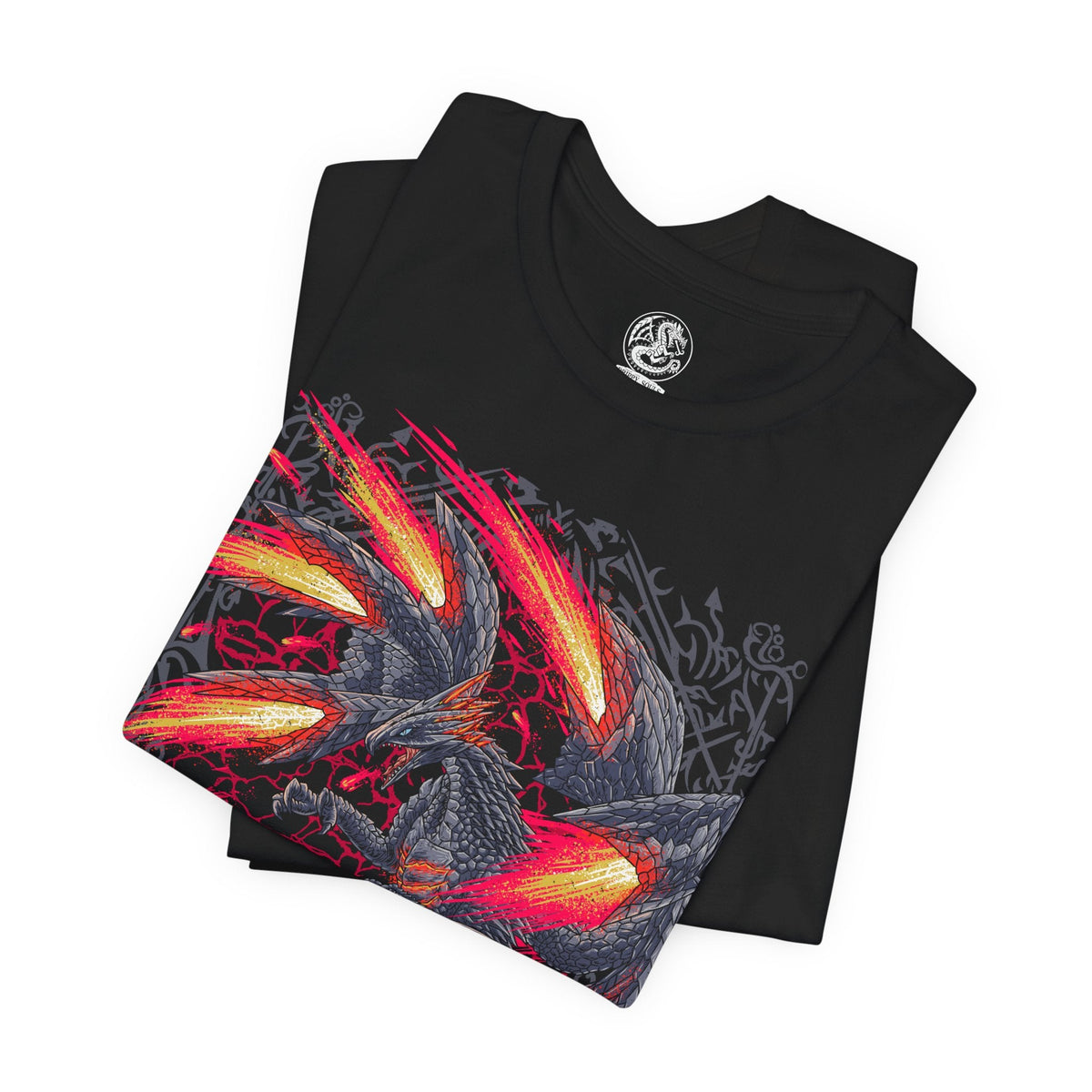 Image 5 of a T-Shirt design of Valstrax from the Monster Hunter series, depicting the majestic Jet Dragon with its enormous metallic wings spread like crimson-powered jet engines. Dragon energy gathers around its wing blades as it prepares to launch into the sky at incredible speed, leaving streaks of red light and explosive energy behind its armored body. The artwork captures Valstrax's aerodynamic silhouette as the Crimson Comet among Monster Hunter Elder Dragons.