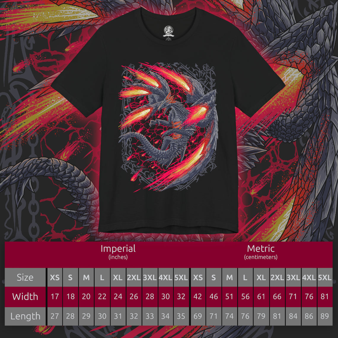 Size chart of a T-Shirt design of Valstrax from the Monster Hunter series, depicting the majestic Jet Dragon with its enormous metallic wings spread like crimson-powered jet engines. Dragon energy gathers around its wing blades as it prepares to launch into the sky at incredible speed, leaving streaks of red light and explosive energy behind its armored body. The artwork captures Valstrax's aerodynamic silhouette as the Crimson Comet among Monster Hunter Elder Dragons.