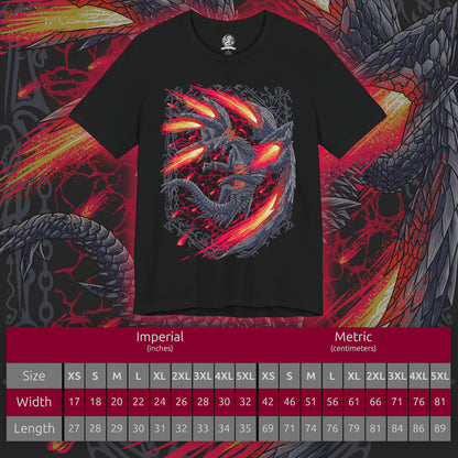 Size chart of a T-Shirt design of Valstrax from the Monster Hunter series, depicting the majestic Jet Dragon with its enormous metallic wings spread like crimson-powered jet engines. Dragon energy gathers around its wing blades as it prepares to launch into the sky at incredible speed, leaving streaks of red light and explosive energy behind its armored body. The artwork captures Valstrax's aerodynamic silhouette as the Crimson Comet among Monster Hunter Elder Dragons.