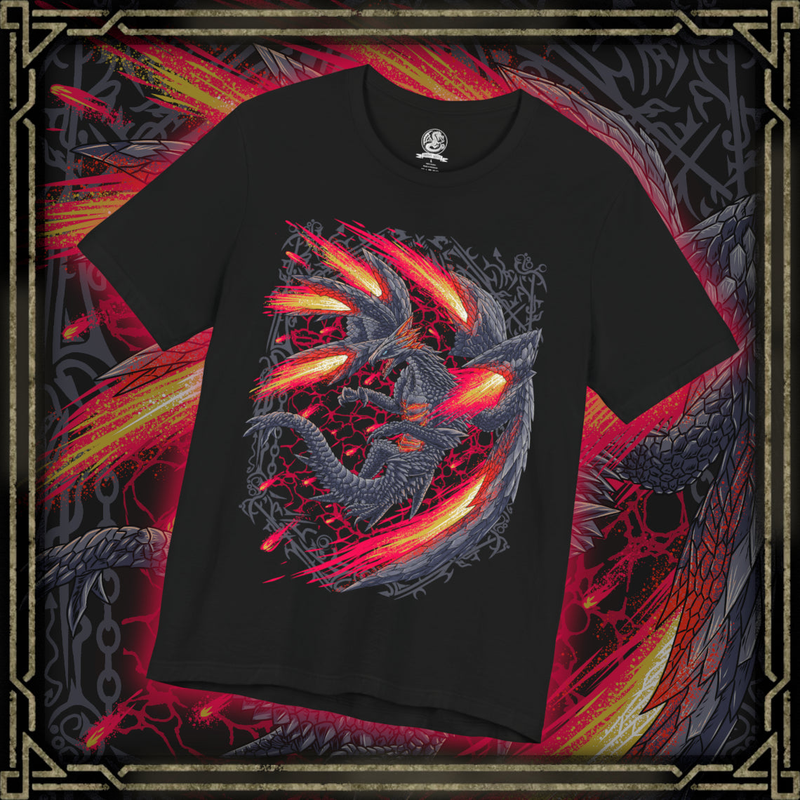 Thumbnail of a T-Shirt design of Valstrax from the Monster Hunter series, depicting the majestic Jet Dragon with its enormous metallic wings spread like crimson-powered jet engines. Dragon energy gathers around its wing blades as it prepares to launch into the sky at incredible speed, leaving streaks of red light and explosive energy behind its armored body. The artwork captures Valstrax's aerodynamic silhouette as the Crimson Comet among Monster Hunter Elder Dragons.