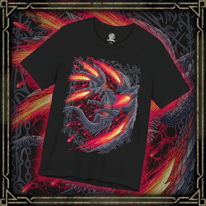 Thumbnail of a T-Shirt design of Valstrax from the Monster Hunter series, depicting the majestic Jet Dragon with its enormous metallic wings spread like crimson-powered jet engines. Dragon energy gathers around its wing blades as it prepares to launch into the sky at incredible speed, leaving streaks of red light and explosive energy behind its armored body. The artwork captures Valstrax's aerodynamic silhouette as the Crimson Comet among Monster Hunter Elder Dragons.