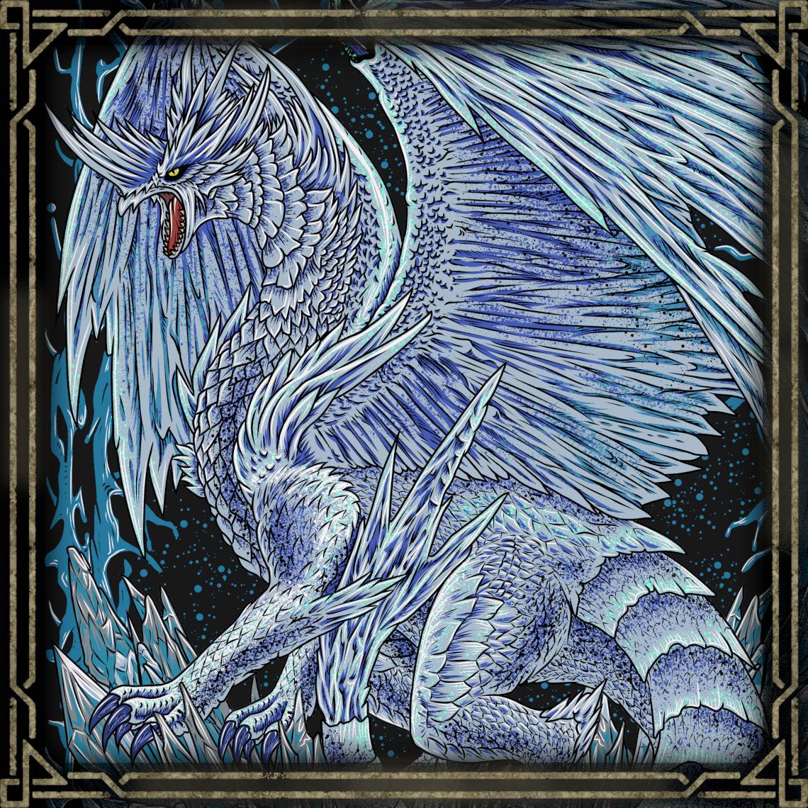 Artwork of Velkhana the Iceborne Dragon. Velkhana is an elegant yet deadly Elder Dragon from Monster Hunter World: Iceborne, commanding ice with precision and grace. It shapes frost into spears, walls, and armor, turning the battlefield into a frozen domain. Its regal design and calculated attacks make it one of the most iconic and strategic encounters in the series.