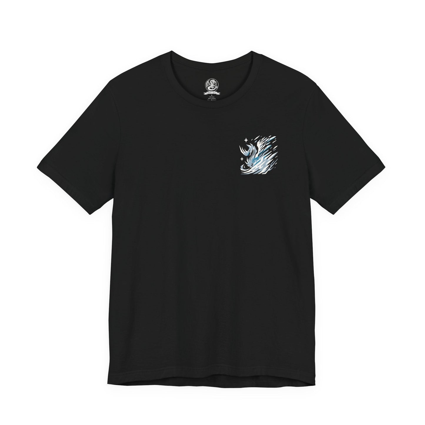 Image 4 of a T-Shirt artwork depicting Velkhana gliding through a blizzard, its long tail carving through the air as shards of ice form with every movement. Snowstorms swirl violently while its breath freezes the battlefield below. This design reflects the monster’s precision, grace, and overwhelming elemental mastery, embodying both elegance and lethal power in every motion.