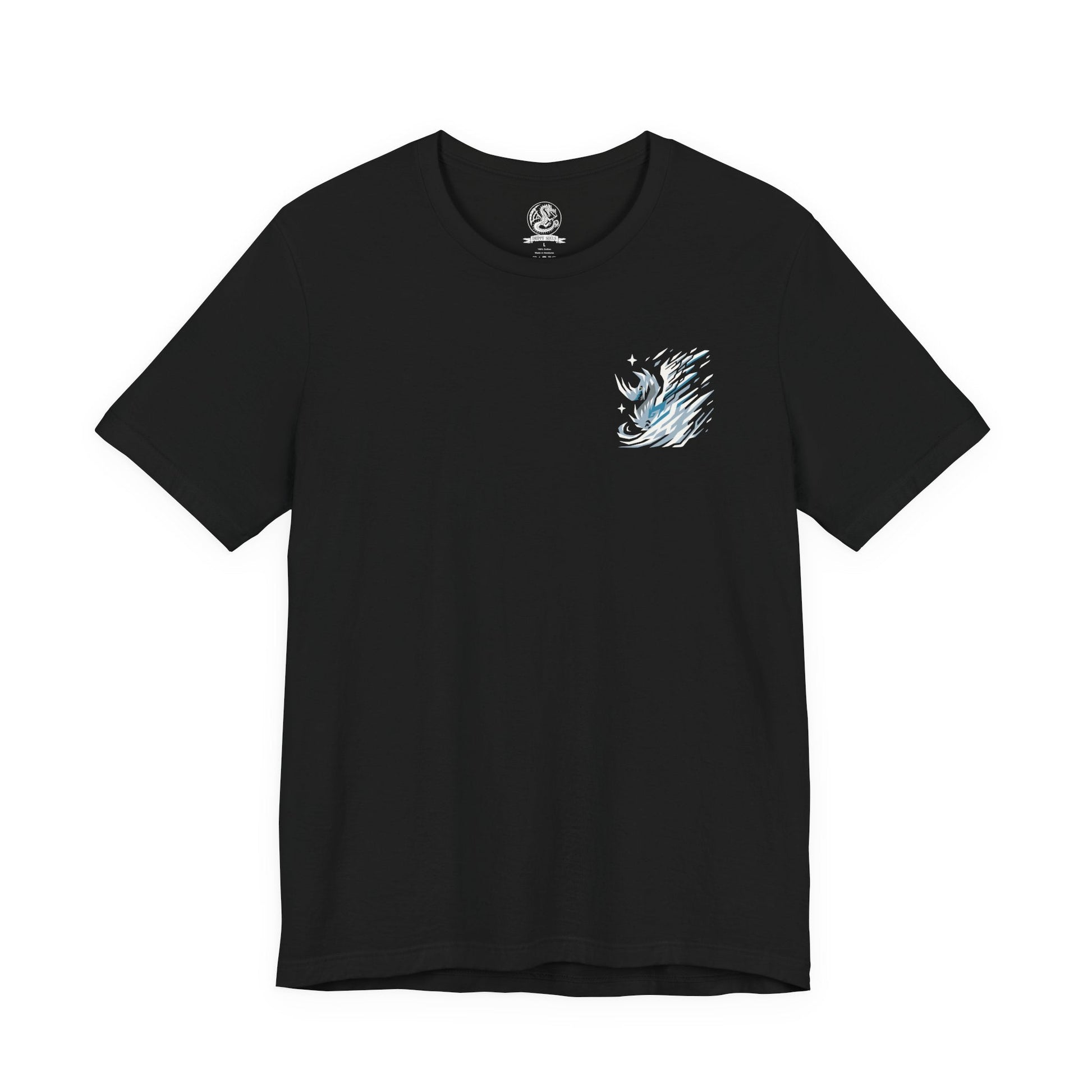 Image 4 of a T-Shirt artwork depicting Velkhana gliding through a blizzard, its long tail carving through the air as shards of ice form with every movement. Snowstorms swirl violently while its breath freezes the battlefield below. This design reflects the monster’s precision, grace, and overwhelming elemental mastery, embodying both elegance and lethal power in every motion.
